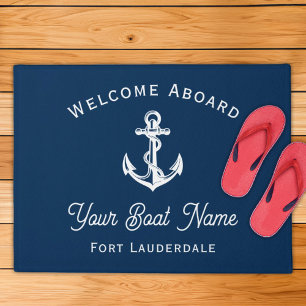 Nautical Navy Blue Welcome Aboard Boat Name Anchor Doormat