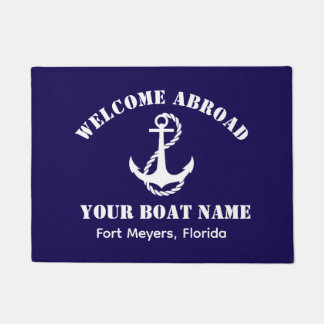 Nautical Navy Blue Welcome Aboard Boat Name Anchor Doormat