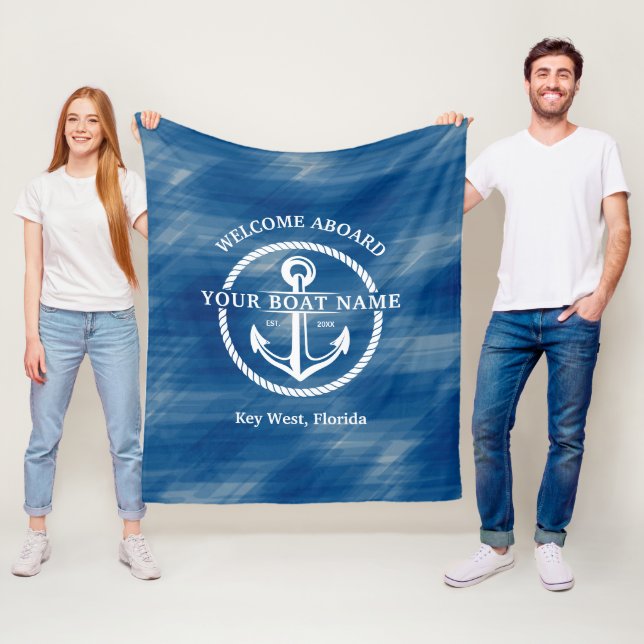 Nautical Navy Blue Welcome Aboard Boat Name Anchor Fleece Blanket (In Situ)