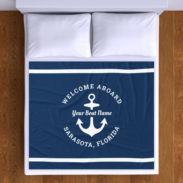 Nautical Navy Blue Welcome Aboard Boat Name Anchor Fleece Blanket (Creator Uploaded)