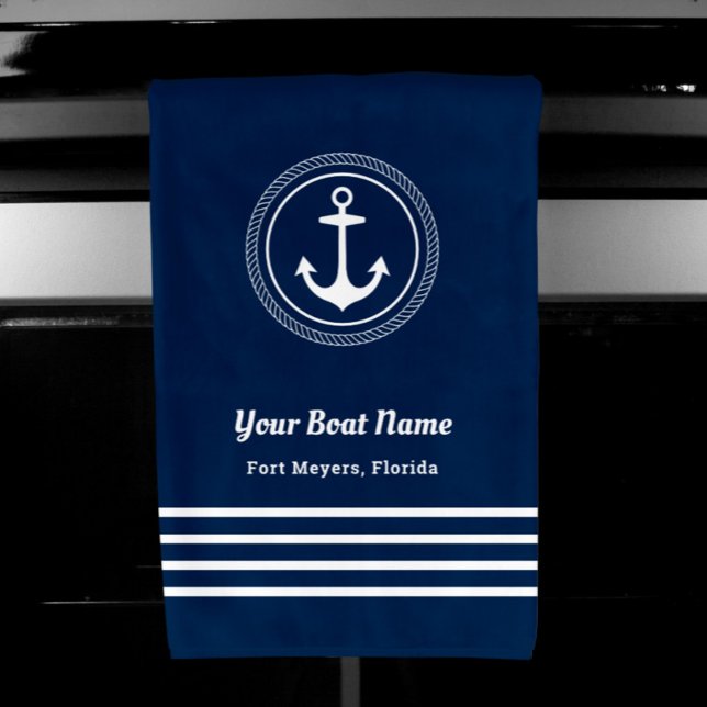 Nautical Navy Blue Welcome Aboard Boat Name Anchor Hand Towel (Creator Uploaded)