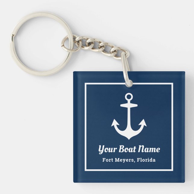 Nautical Navy Blue Welcome Aboard Boat Name Anchor Key Ring (Front)