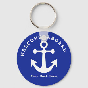 Nautical Navy Blue Welcome Aboard Boat Name Anchor Key Ring