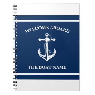 Nautical Navy Blue Welcome Aboard Boat Name Anchor Notebook