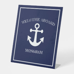 Nautical Navy Blue Welcome Aboard Boat Name Anchor Pedestal Sign