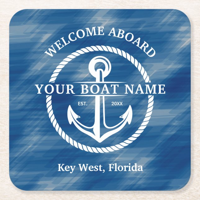 Nautical Navy Blue Welcome Aboard Boat Name Anchor Square Paper Coaster (Front)
