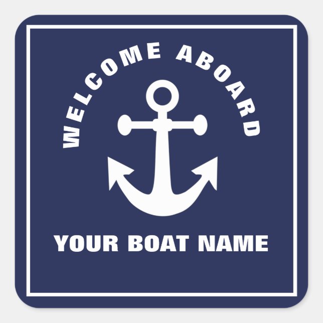 Nautical Navy Blue Welcome Aboard Boat Name Anchor Square Sticker (Front)