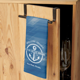 Nautical Navy Blue Welcome Aboard Boat Name Anchor Tea Towel