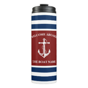 Nautical Navy Blue Welcome Aboard Boat Name Anchor Thermal Tumbler