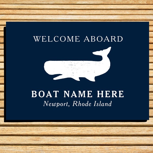 Nautical Navy Blue Welcome Aboard Boat Name Whale  Doormat (Creator Uploaded)