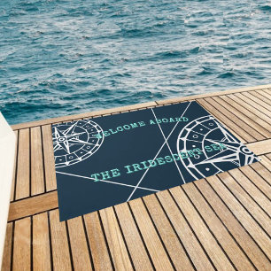 Nautical Navy Blue Welcome Aboard Compass Rose Doormat