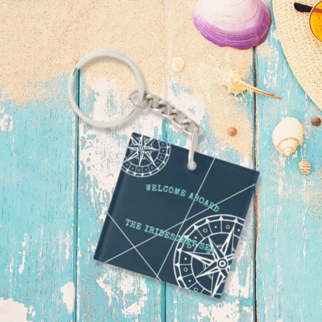Nautical Navy Blue Welcome Aboard Compass Rose Key Ring (Creator Uploaded)