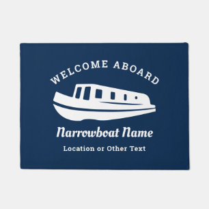 Nautical Navy Blue Welcome Aboard Narrowboat Name Doormat