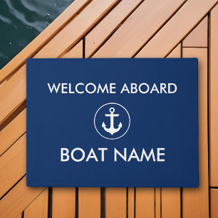Nautical Navy Blue Welcome Boat Name Door Mat