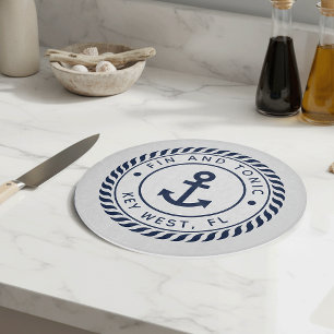 Nautical Navy Blue & White Anchor Boat Name Cutting Board