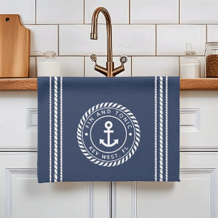Nautical Navy Blue & White Anchor Boat Name Tea Towel