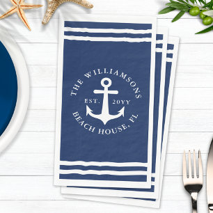 Nautical Navy Blue White Anchor Family Name Napkin