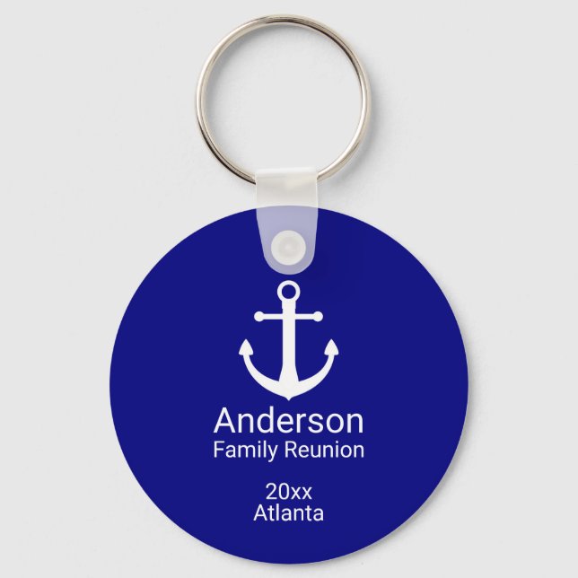 Nautical Navy Blue & White Anchor Family Reunion Key Ring (Front)