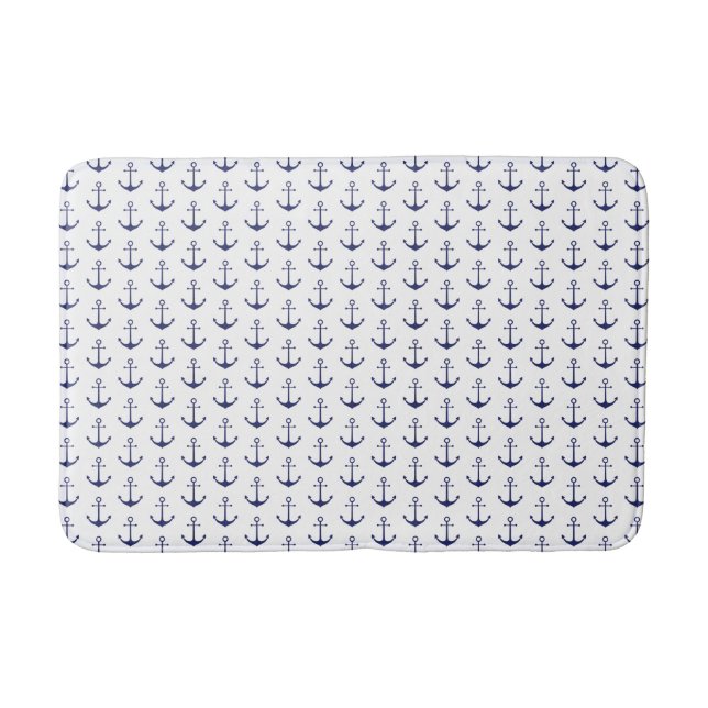 Nautical navy blue white anchor pattern modern bath mat (Front)