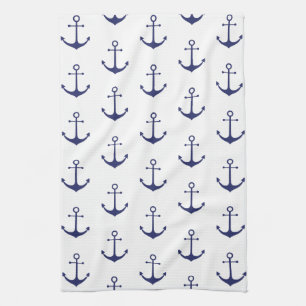 Nautical Navy Blue white anchor pattern Tea Towel