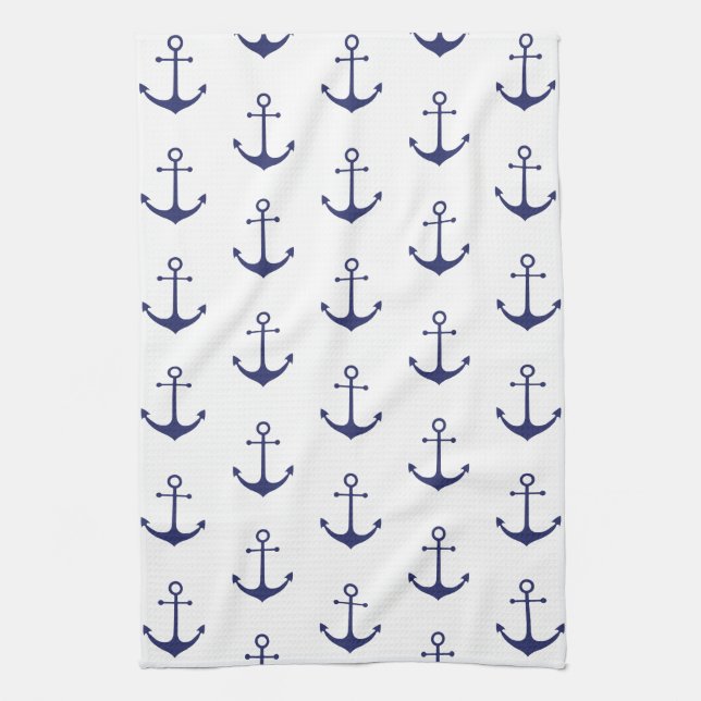 Nautical Navy Blue white anchor pattern Tea Towel (Vertical)