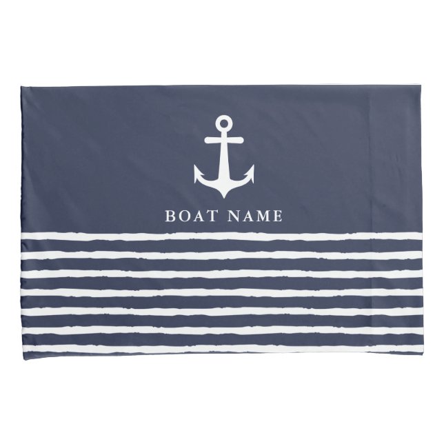 Nautical Navy Blue White Anchor Stripes Boat Name Pillowcase (Front-Right)