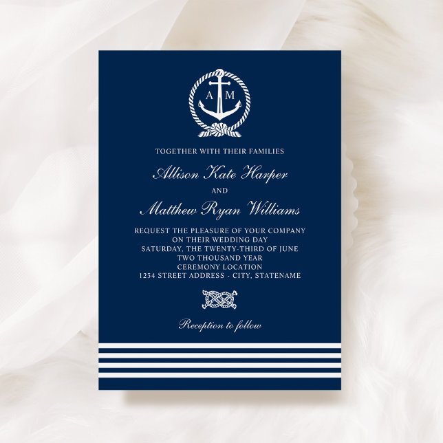 Nautical Navy Blue White Anchor Stripes Wedding Invitation (Creator Uploaded)