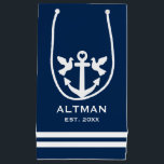 Nautical navy blue & white anchor wedding gift bag<br><div class="desc">Nautical anchor navy blue & white stripe wedding gift bag for bride and groom, guests, friends, family etc. Add your own party favours, gifts and goodies. Small, medium and big sizes. Customisable stringed bags with family name, date of marriage and anchored doves logo. Blue and white or customisable colours. Classy...</div>
