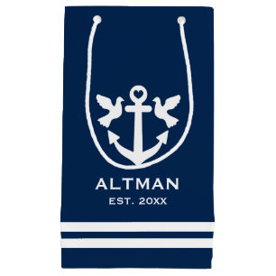 Nautical navy blue & white anchor wedding gift bag