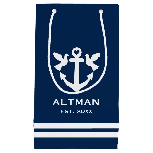 Nautical navy blue & white anchor wedding gift bag (Front)