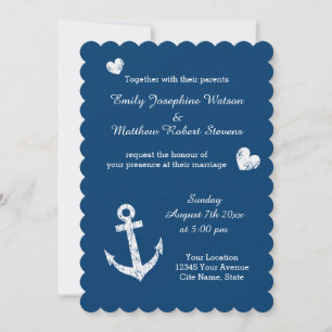 Nautical navy blue white anchor wedding invitation