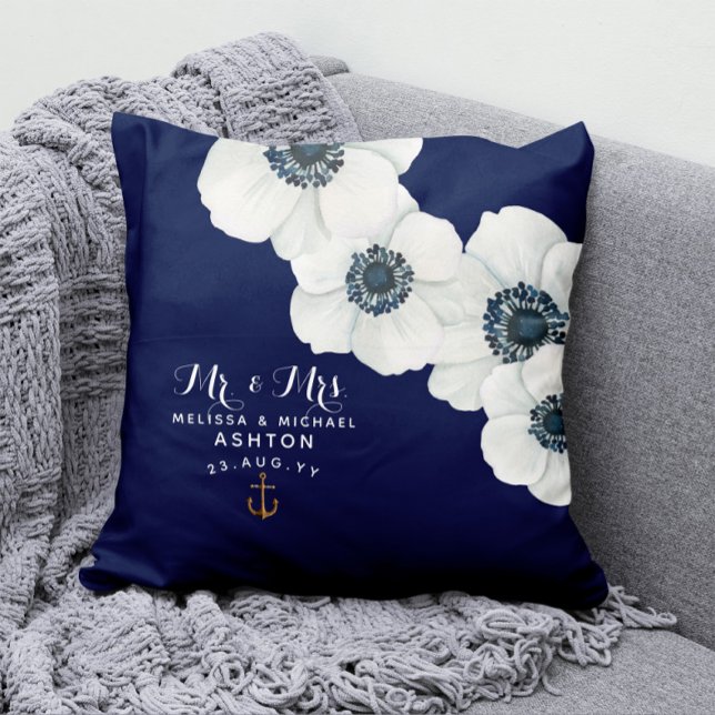 Nautical Navy Blue & White Anemones Dated Keepsake Cushion (Creator Uploaded)
