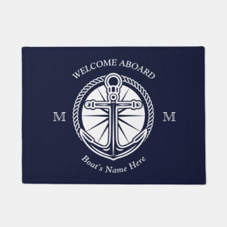 Nautical Navy Blue White Boat Name Anchor Welcome Doormat