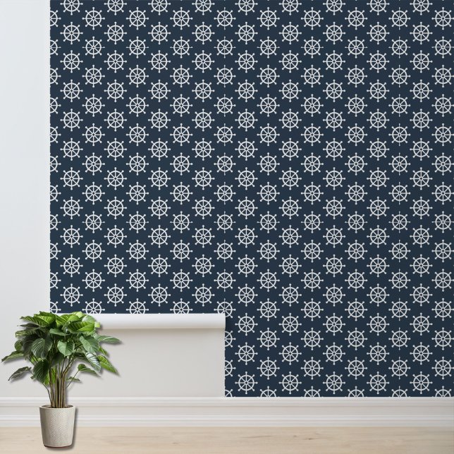 Nautical Navy Blue White Boat Wheel Pattern Accent Wallpaper (Creator Uploaded)