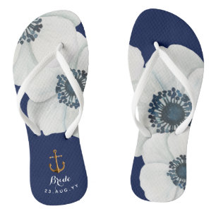 Nautical Navy Blue White Cascading Anemones Bride Thongs