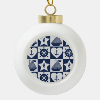 Nautical navy blue white chequered ceramic ball christmas ornament