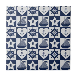 Nautical navy blue white chequered ceramic tile