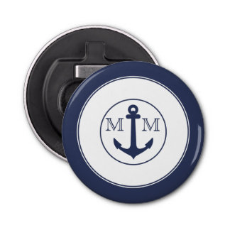 Nautical Navy Blue White Crab Anchor Monogram Bottle Opener