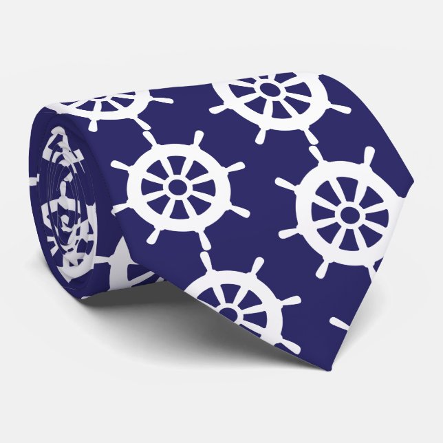 Nautical Navy Blue White Cruise Ship Wheel Pattern Tie (Rolled)