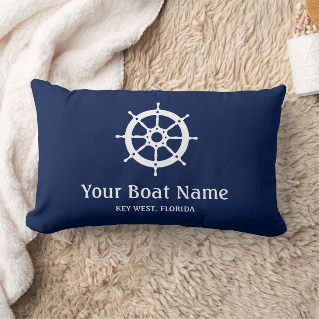 Nautical Navy Blue White Custom Boat Name Lumbar Cushion (Blanket)