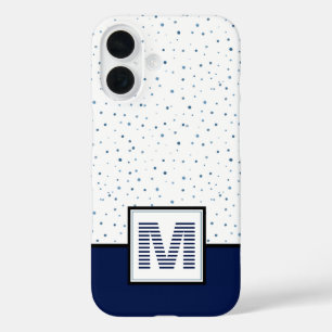 Nautical Navy Blue White Dots Striped Monogram iPhone 16 Case
