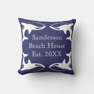 Nautical Navy Blue White family beach house Cushion