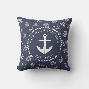 Nautical Navy Blue White Family Name Anchor Cushion