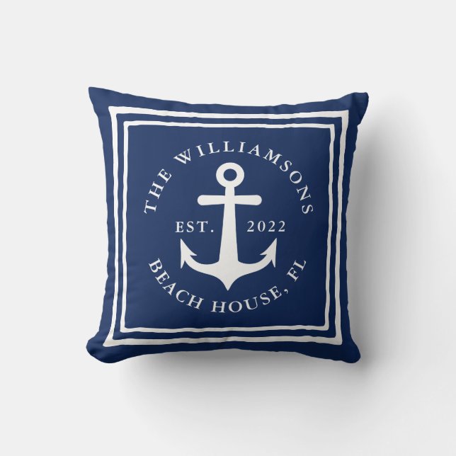 Nautical Navy Blue White Family Name Beach House Cushion (Front)