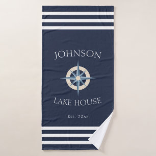 Nautical Navy Blue White Family Name Lake House Bath Towel