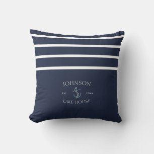 Nautical Navy Blue White Family Name Lake House Cushion
