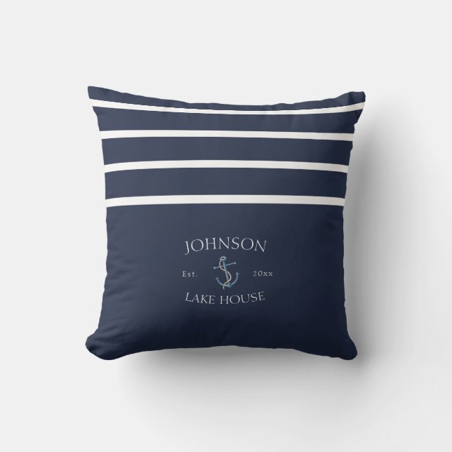 Nautical Navy Blue White Family Name Lake House Cushion (Front)
