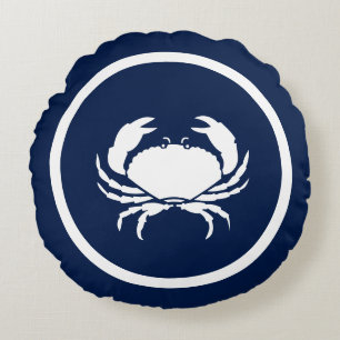 Nautical  Navy blue white Lobster CRAB Round Cushion