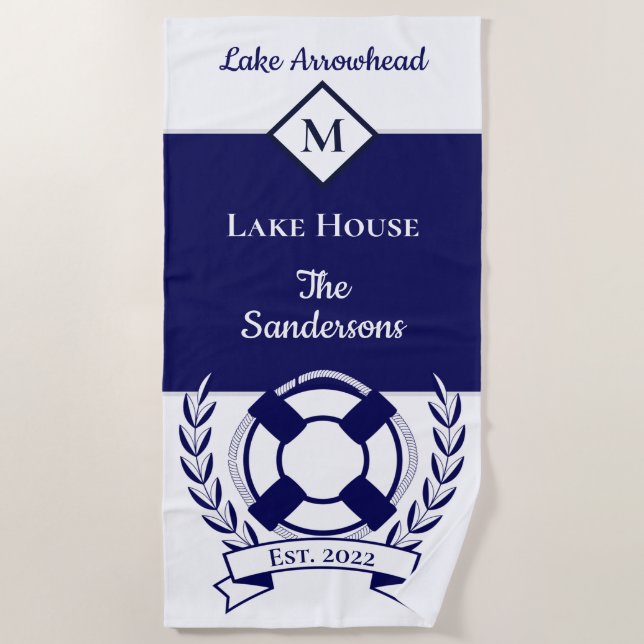 Nautical  Navy Blue White Monogram Lake House   Be Beach Towel (Front)