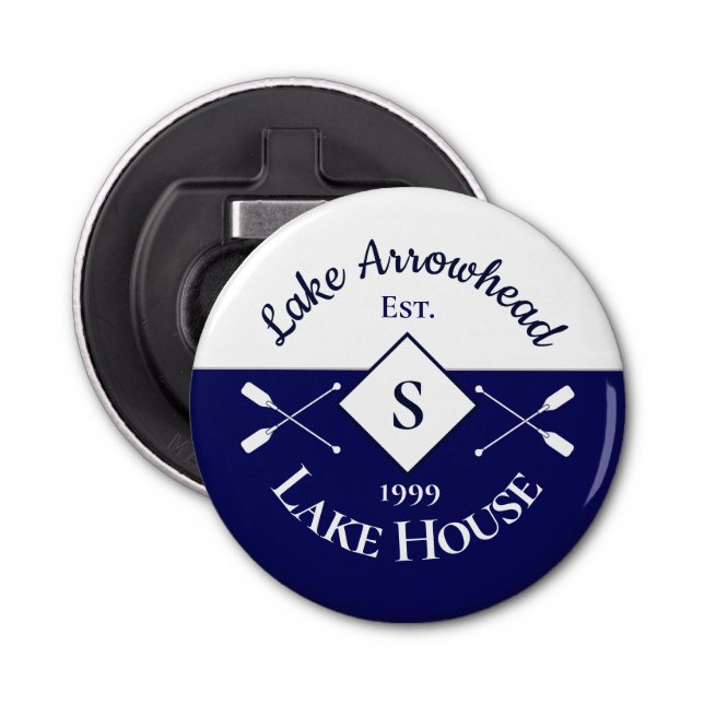 Nautical Navy Blue White Monogram Lake House Bottle Opener (Front)